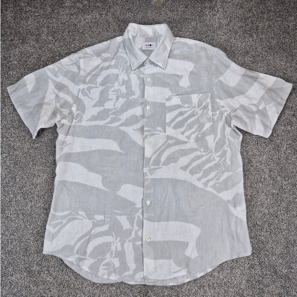 NN07 No Nationality 100% Linen Shirt Mens XL White Gray Abstract Print S/S